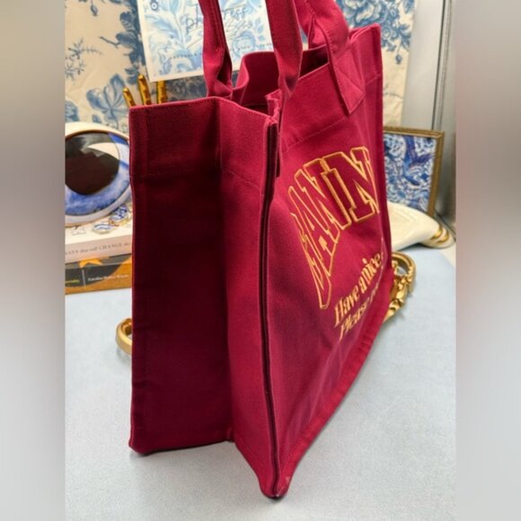 🆕 GANNI 🧿 NWOT Large Easy Shopper, Burgundy Cotton & Yellow Embroidery - Picture 6 of 12